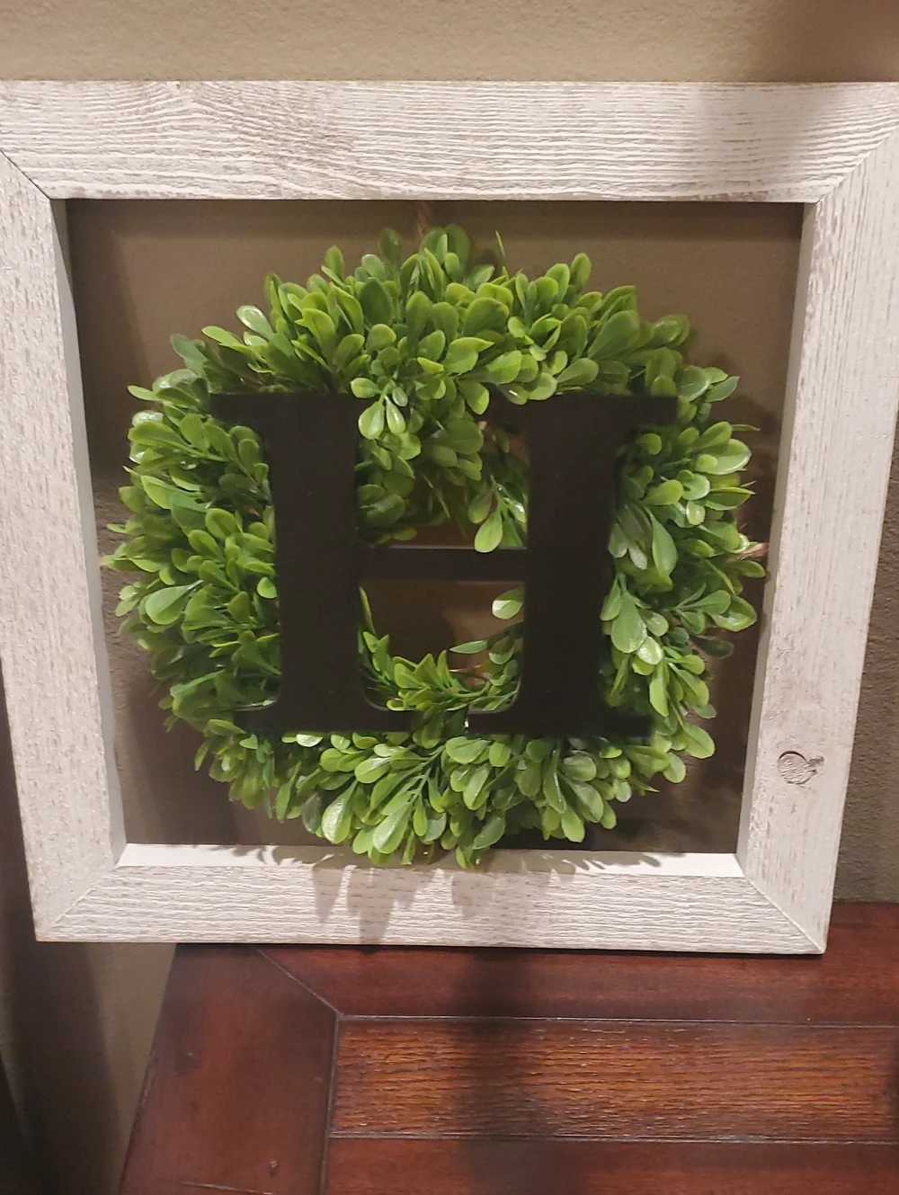 Green Boxwood Wreath Wall Decor with Black Letter H